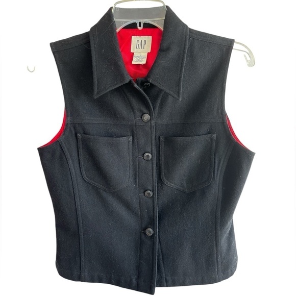 Vintage GAP Wool Blend Black Vest Women’s Size Small Medal Buttons Buckle Back - Picture 1 of 11